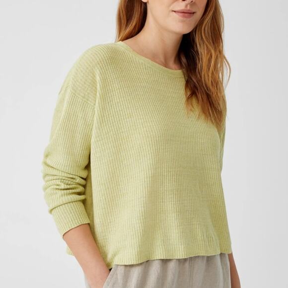 Eileen Fisher Organic Linen Delave Round Neck Top size XL Canary Light Green - Picture 1 of 7
